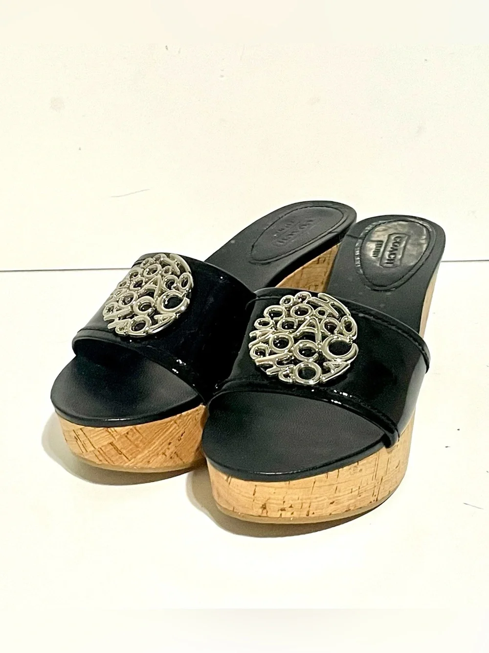 Coach Patent Leather Judith Wedge Cork Heel Sandal 6.5 B Black platform